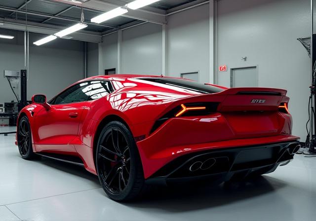 Mobil sport merah premium yang baru selesai detailing