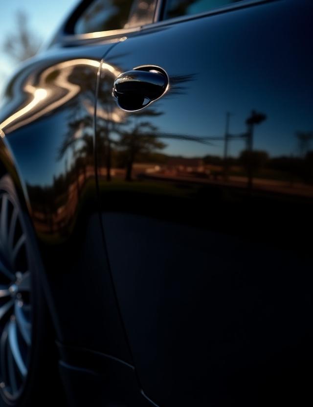 Refleksi sempurna pada bodi samping mobil hitam